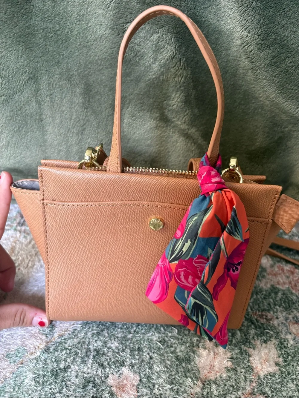 Steve Madden Tan Saffiano Satchel with Pink Floral Scarf Accent